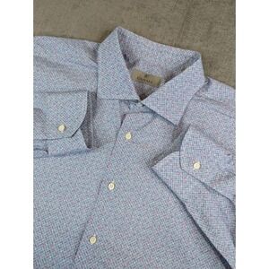 Canali Dress Shirt Mens 18 -46 Blue Geometric Long Sleeve Button Made In Italy